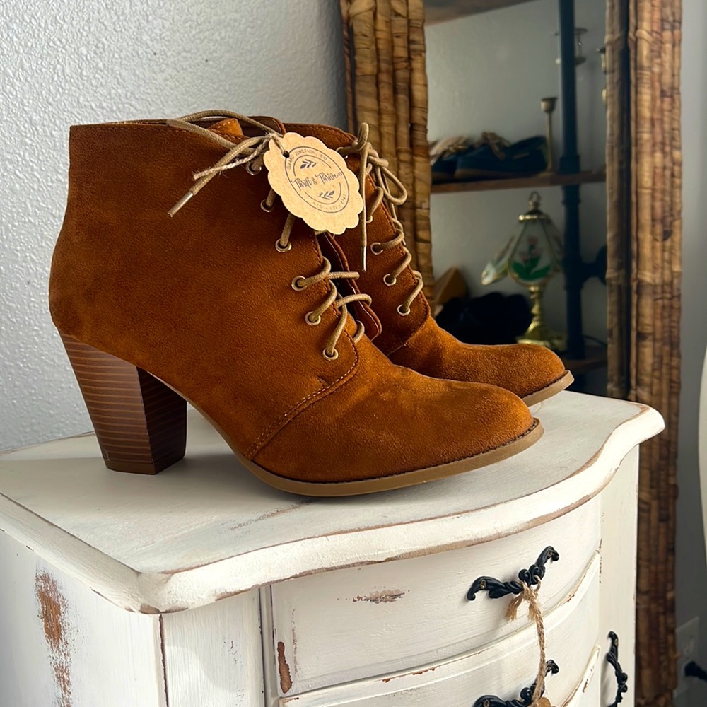 Faux Suede Brown Lace Up Ankle Booths with Heel